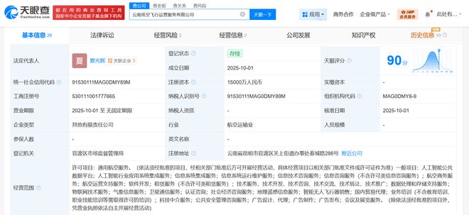 云南低空飞行运营服务公司正式成立，注册资本1.5亿，人工智能公共服务技术咨询成亮点